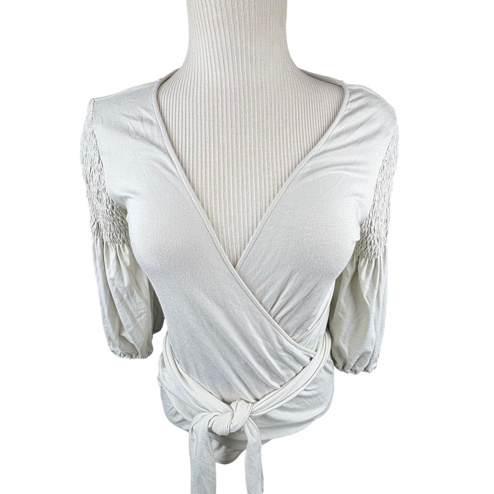 Theory Womens Beige Cotton Smocked Shoulder Tie Front Wrap Top Size Large - Picture 2 of 12